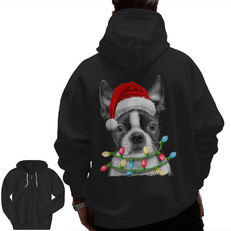 Boston Terrier Dog Santa Christmas Tree Lights Xmas Men Zip Up Hoodie Back Print