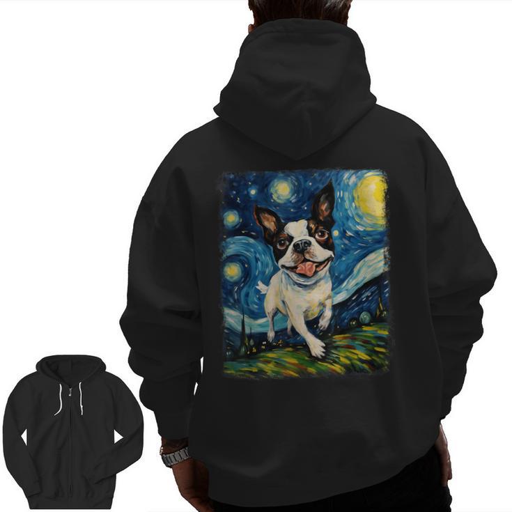 Boston Terrier Dog Starry Night Painting Men Zip Up Hoodie Back Print