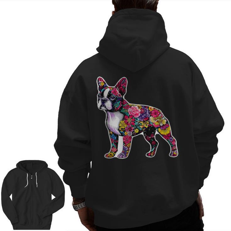 Boston Terrier Floral Dog Lover Vintage Distressed For Men Women Kids Men Zip Up Hoodie Back Print