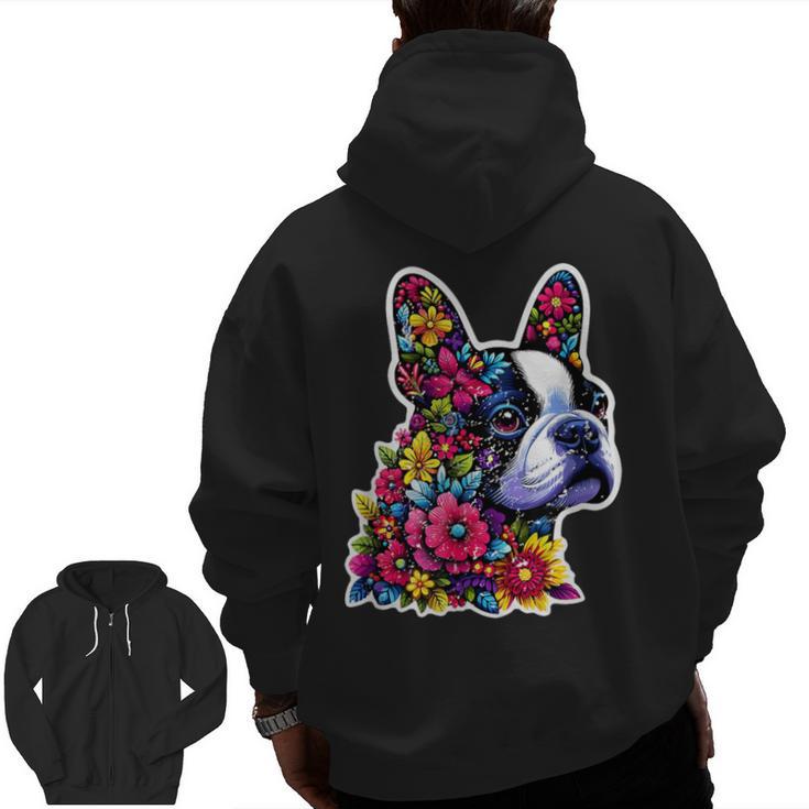 Boston Terrier Floral Vintage Dog Mom Distressed Men Women Kids Men Zip Up Hoodie Back Print