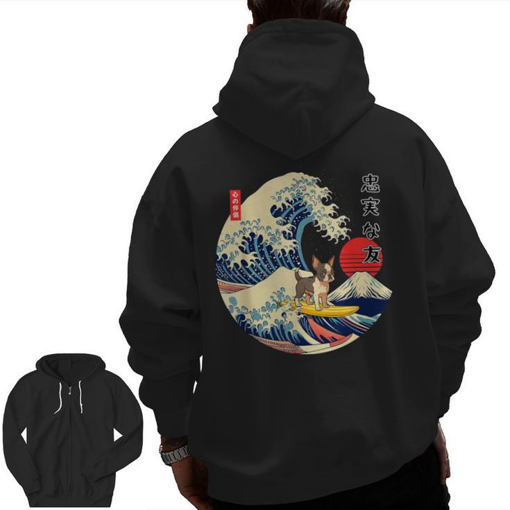 Boston Terrier Japanese Kanagawa Wave Surf Loyal Dog Men Women Kids Men Zip Up Hoodie Back Print