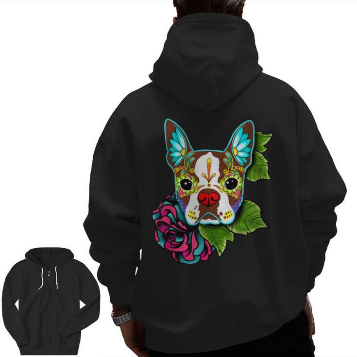 Boston Terrier In Red Day Of The Dead Sugar Skull Dog Men Zip Up Hoodie Back Print