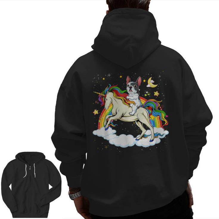 Boston Terrier Riding Unicorn Boys Girls Kids Rainbow Men Zip Up Hoodie Back Print