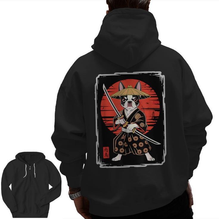 Boston Terrier Samurai Ninja Vintage Anime Japanese Ukiyo-e Men Zip Up Hoodie Back Print