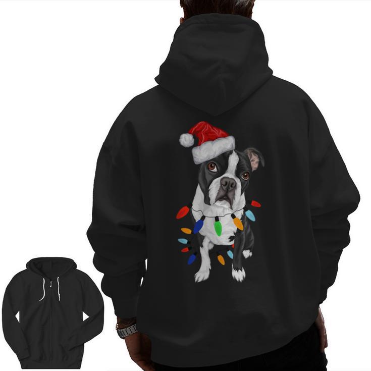 Boston Terrier Santa Christmas Lights Xmas Dog Lover Men Women Kids Men Zip Up Hoodie Back Print
