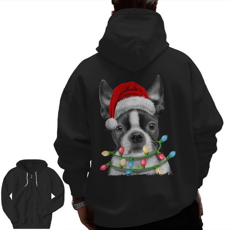 Boston Terrier Santa Christmas Tree Lights Xmas Boys Men Dog Men Zip Up Hoodie Back Print