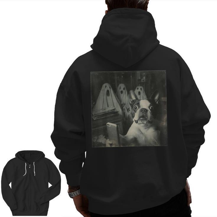 Boston Terrier Selfie With Ghosts Halloween Dog Lover Men Zip Up Hoodie Back Print