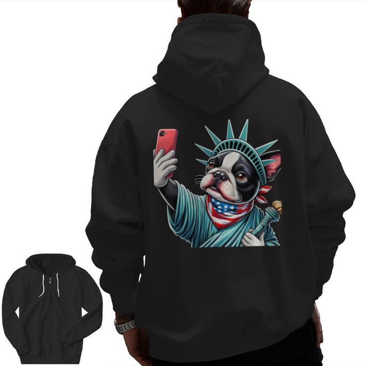 Boston Terrier Selfie Statue Of Liberty 4th Of July American Men Zip Up Hoodie Back Print