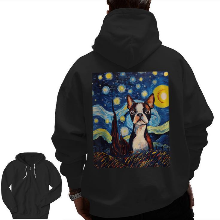 Boston Terrier Starry Night Van Gogh Art Men Zip Up Hoodie Back Print