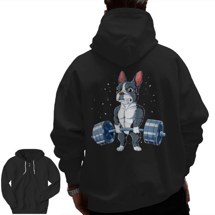 Boston Terrier Weightlifting Deadlift Men Fitness Gym Men Zip Up Hoodie Back Print