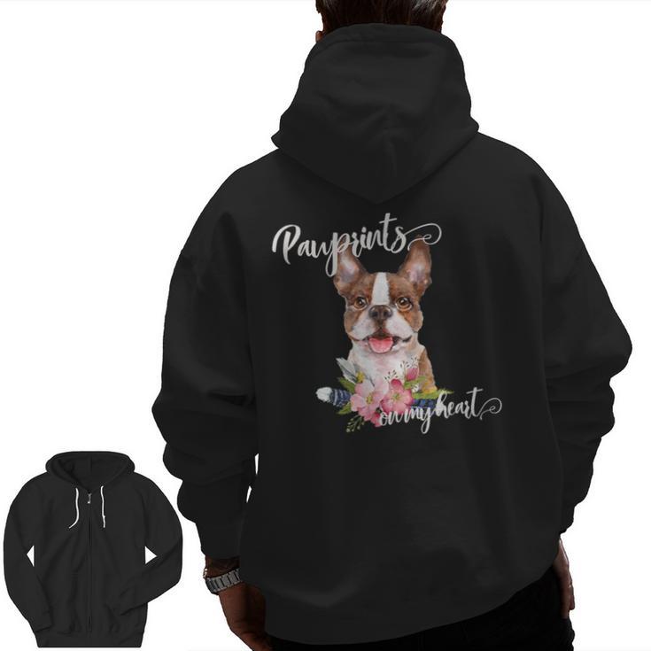 Brown Boston Terrier With Flowers And Feathers Men Zip Up Hoodie Back Print