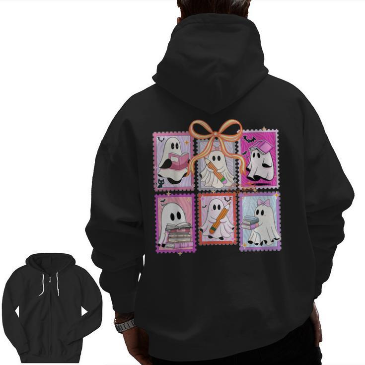 Coquette Bow Spooky Teacher Ghost Halloween Trick Or Teach Men Zip Up Hoodie Back Print