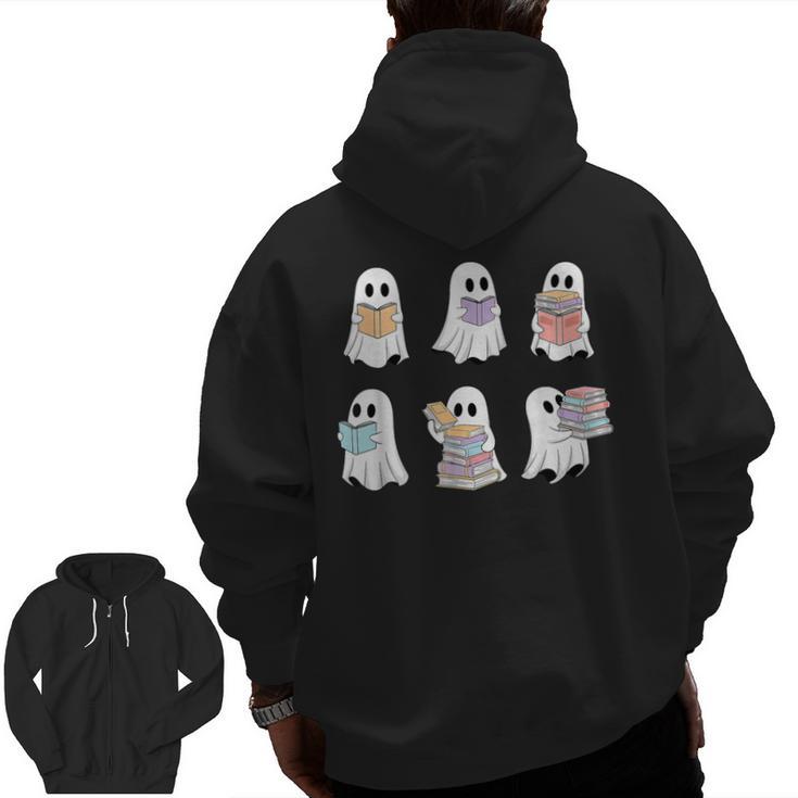Cute Boo Ghost Reading Books Halloween Librarian Teacher Kid Men Zip Up Hoodie Back Print