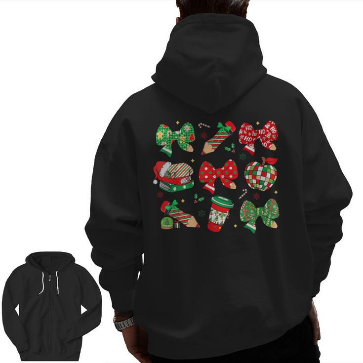 Cute Coquette Pencil Bow Christmas School Teacher Student Men Zip Up Hoodie Back Print