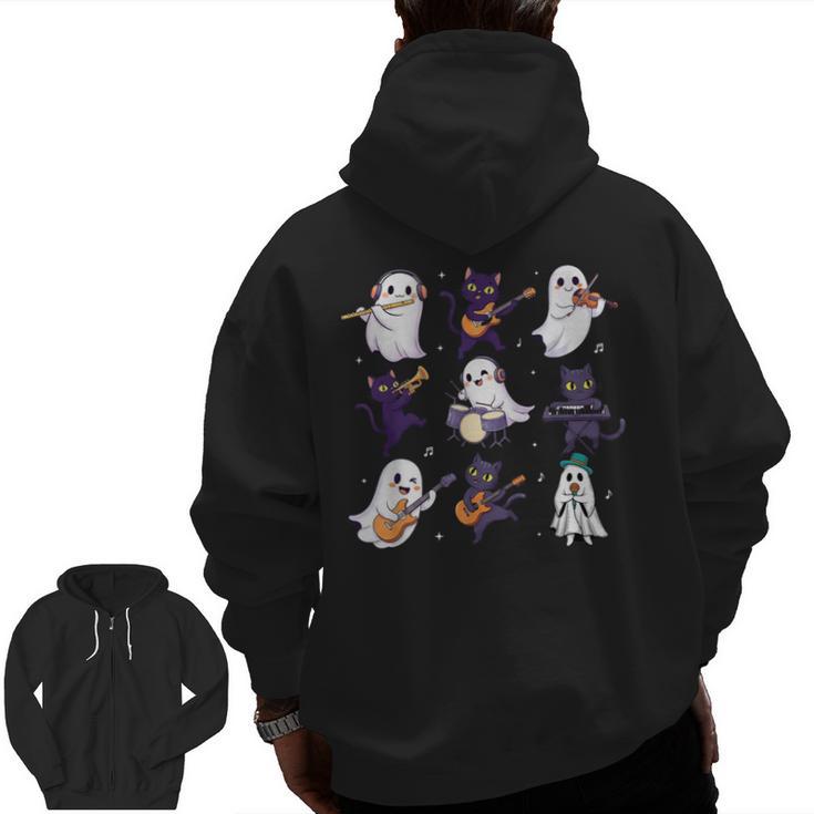 Cute Ghost Cat Playing Musical Halloween Music Teacher Men Zip Up Hoodie Back Print