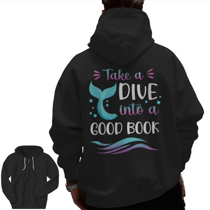 Cute Mermaid Librarian Teacher Dive Into A Good Book Reading Men Zip Up Hoodie Back Print