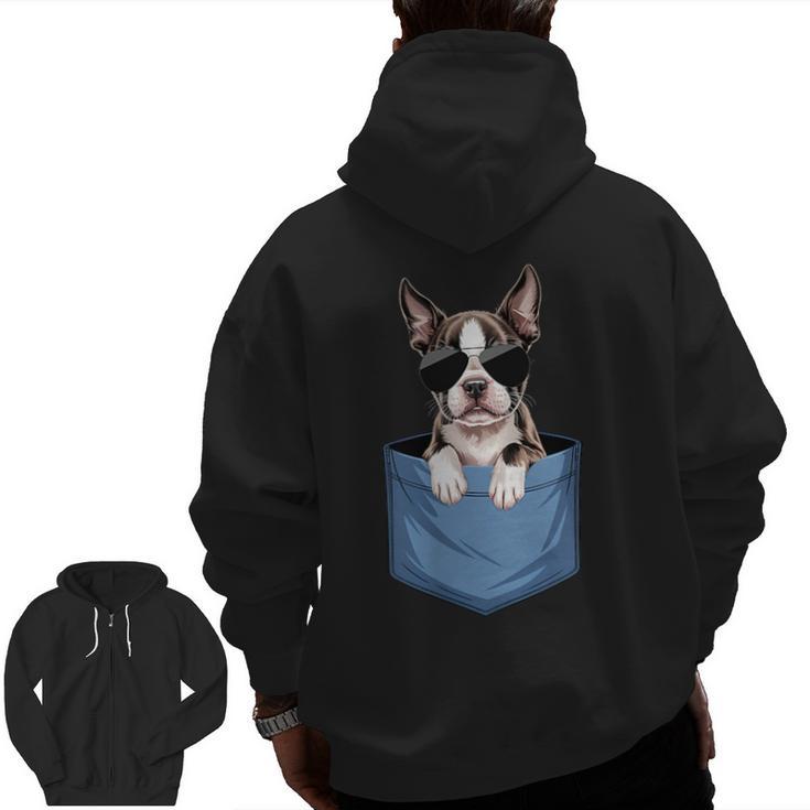 Cute Pocket Boston Terrier Lover Dog Mom Men Zip Up Hoodie Back Print