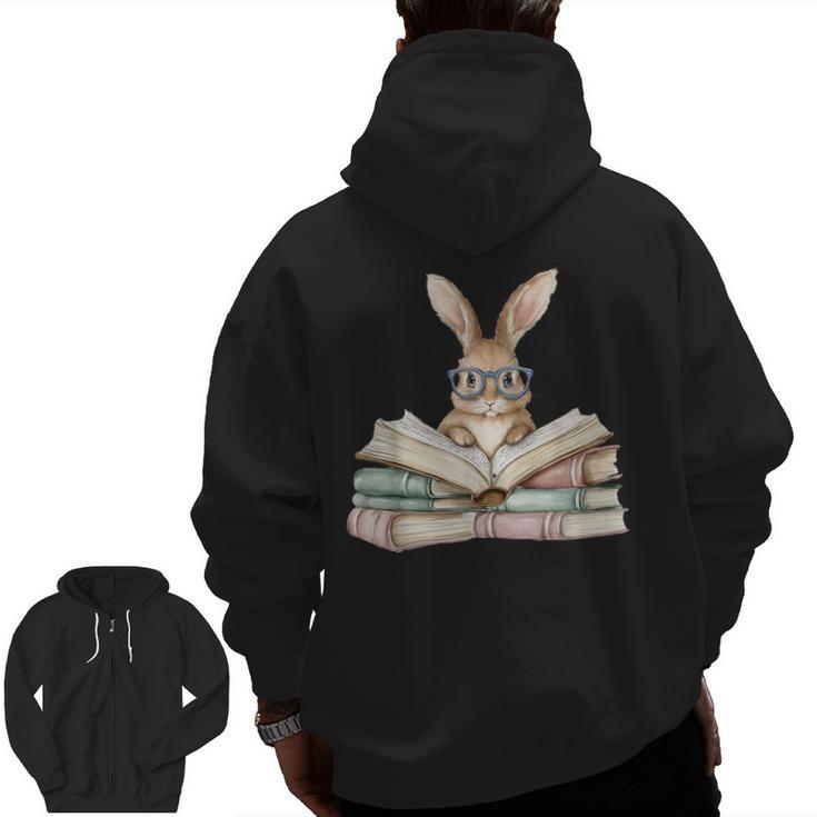 Cute Reading Bunny Glasses Books Bookworm Reader Teacher Men Zip Up Hoodie Back Print