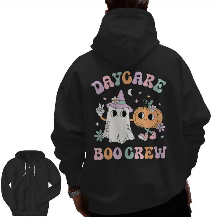 Daycare Boo Crew Groovy Halloween Floral Ghost Kid Teacher Men Zip Up Hoodie Back Print