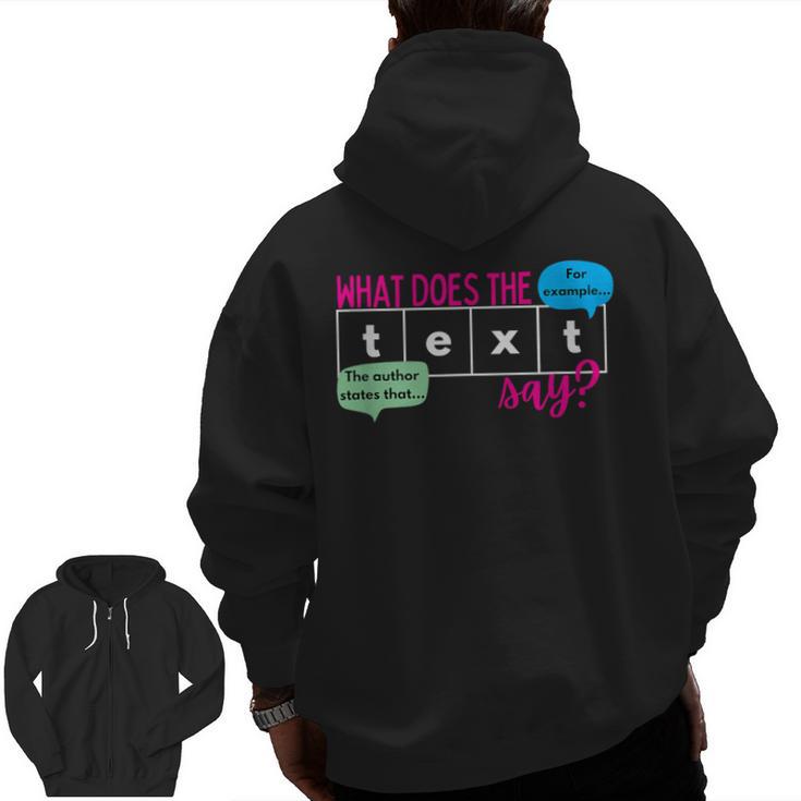 What Does The Text Say Text Evidence Reading Teacher For Men Women Men Zip Up Hoodie Back Print