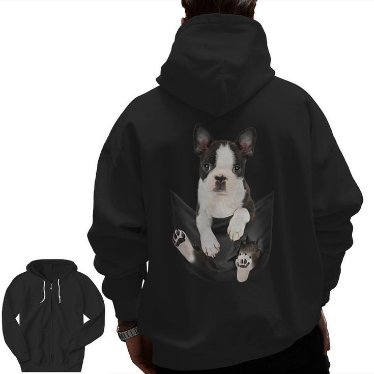 Dog Lovers Boston Terrier In Pocket Dog Face For Men Women Kids Men Zip Up Hoodie Back Print