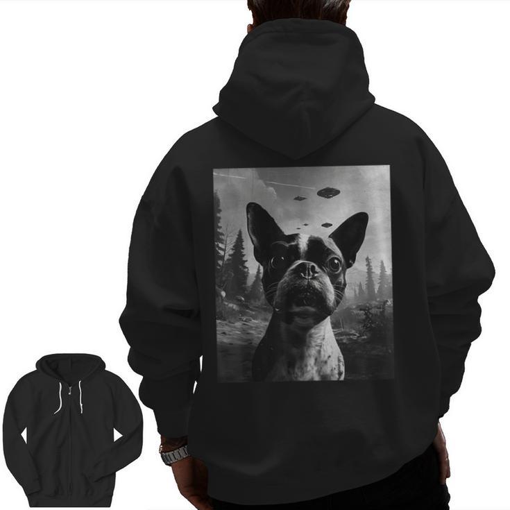 Dog Mom Dad Alien Selfie Boston Terrier UFO For Men Women Men Zip Up Hoodie Back Print
