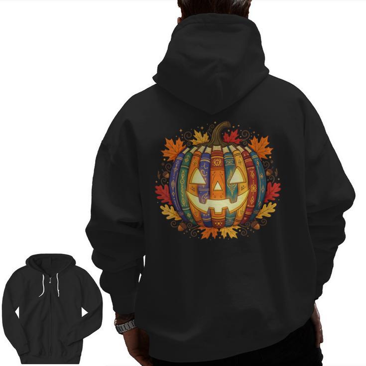 Fall Pumpkin Book Lover Spooky Librarian Teacher Halloween Men Zip Up Hoodie Back Print