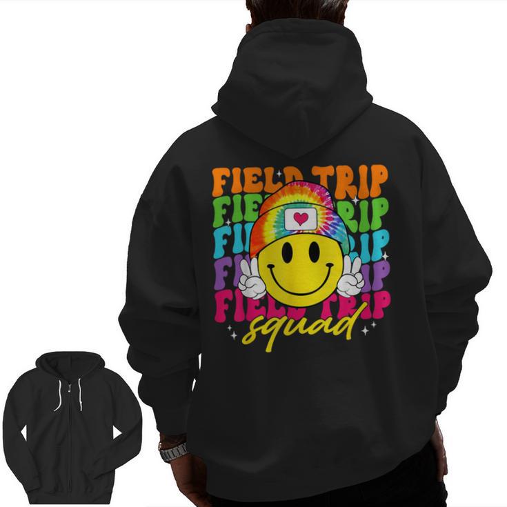 Field Trip Squad Groovy Field Day Smile Face Teacher Tie Dye Men Zip Up Hoodie Back Print