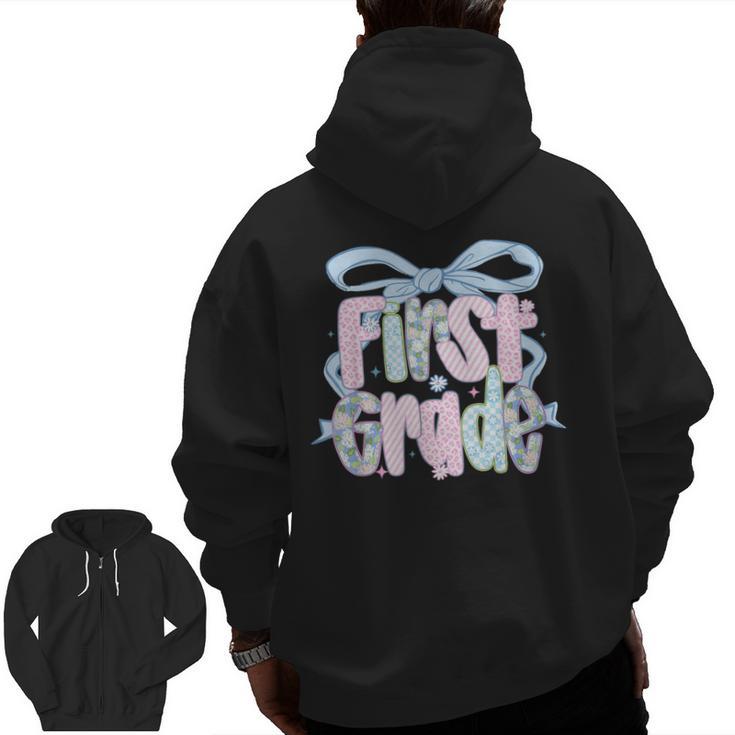 First Grade Coquette Bow Girls Teacher Team 1st Grade Squad Men Zip Up Hoodie Back Print