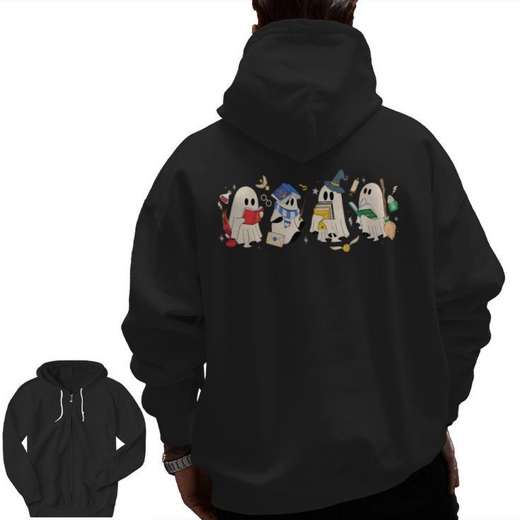 Ghost Book Reading Books Lover Teacher Happy Halloween Men Zip Up Hoodie Back Print