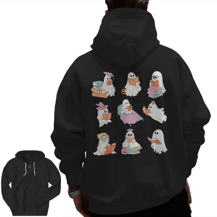 Ghost Book Reading Halloween Books Lover Teacher Kids Men Zip Up Hoodie Back Print