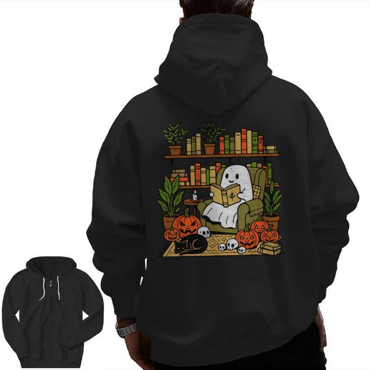 Ghost Library Reading Books Halloween Librarian Teacher Men Zip Up Hoodie Back Print