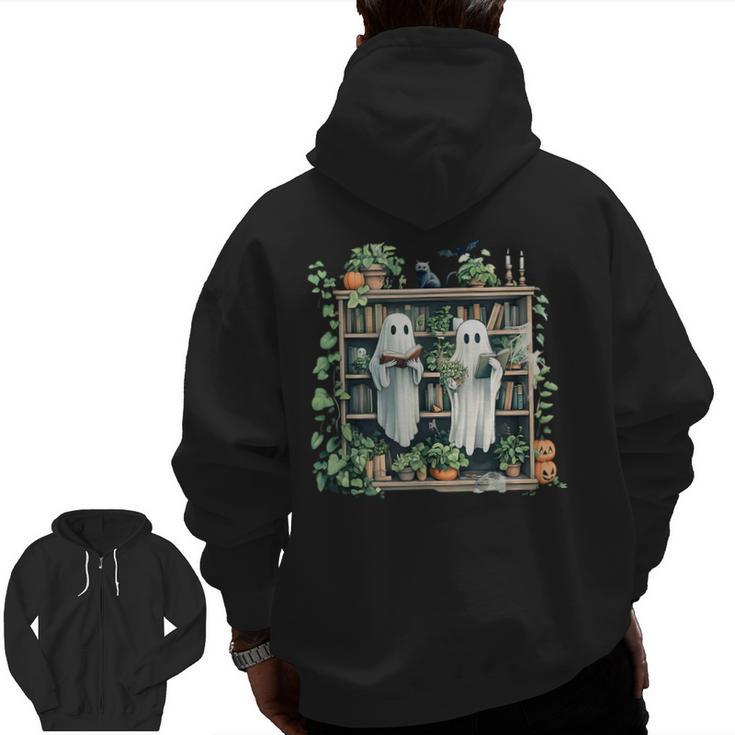 Ghost Plant Library Halloween Reading Books Teacher Vintage Men Zip Up Hoodie Back Print