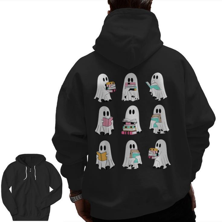 Ghost Reading Books Spooky Librarian Teacher Women Men Zip Up Hoodie Back Print