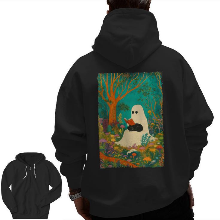Groovy Ghost Reading Book Cat Halloween Ghost Teacher Men Zip Up Hoodie Back Print