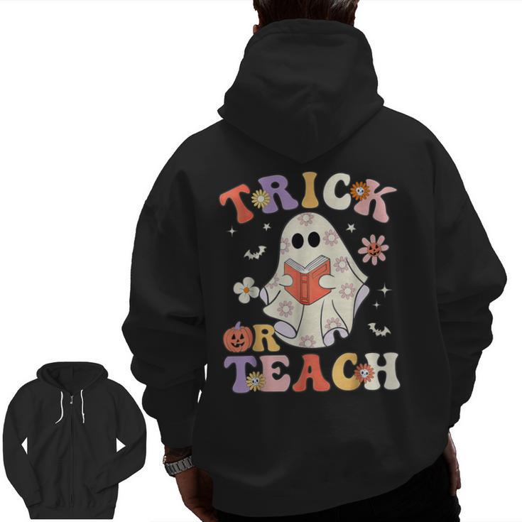 Groovy Halloween Trick Or Teach Retro Floral Ghost Teacher Men Zip Up Hoodie Back Print