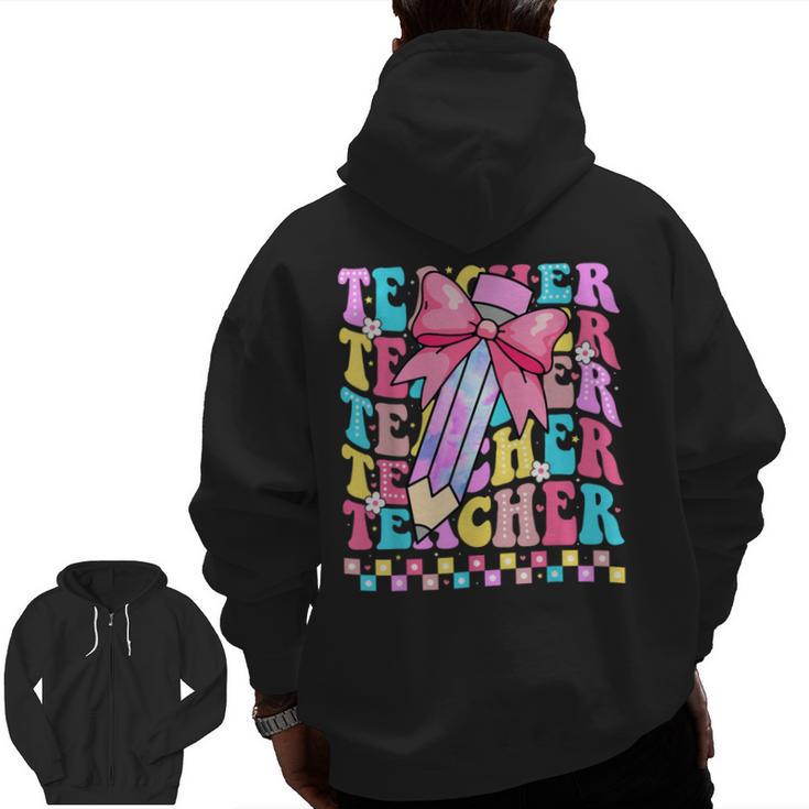 Groovy Teacher Cute Coquette Bow Flower Retro Back To School Men Zip Up Hoodie Back Print