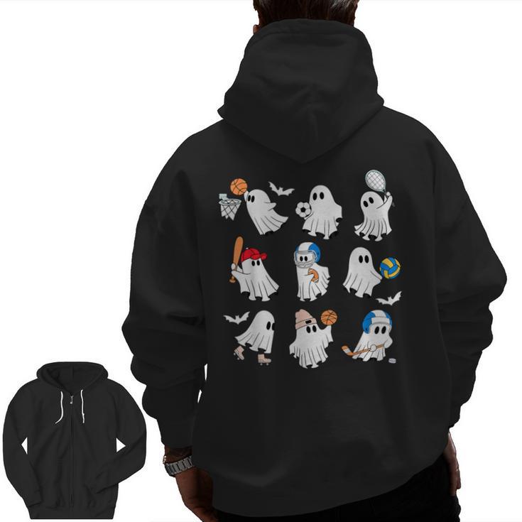 Halloween PE Teacher Ghost Playing Soccer Football Baseball Men Zip Up Hoodie Back Print