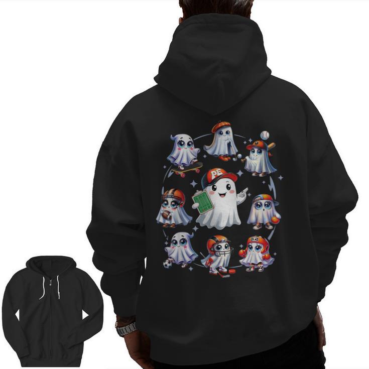 Halloween PE Teacher Ghost Playing Sports Physical Education Men Zip Up Hoodie Back Print