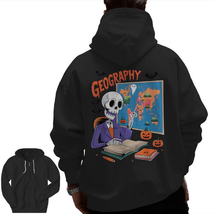 Halloween Skeleton Geography Teacher Pumpkin Bats Classroom Men Zip Up Hoodie Back Print