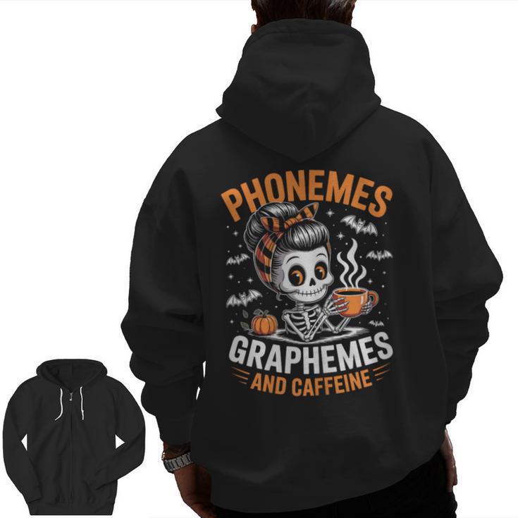 Halloween Skeleton Teacher Phonemes Graphemes Caffeine Lover Men Zip Up Hoodie Back Print