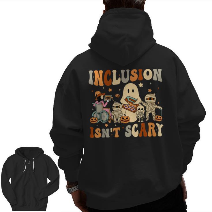 Halloween SLP Sped Teacher Groovy Inclusion Isn't Scary Men Zip Up Hoodie Back Print