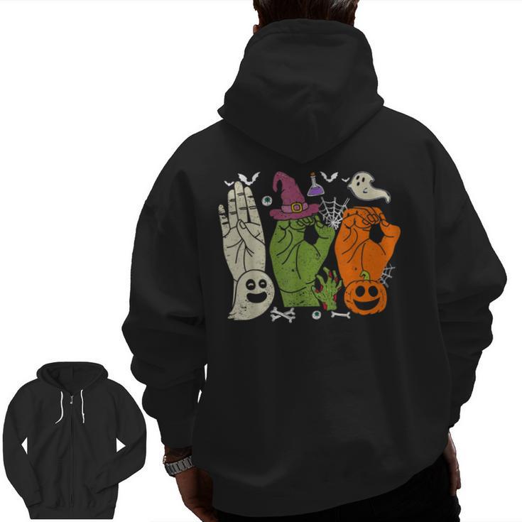 Halloween SPED Teacher Boo In ASL Boo Hands Sign Language Men Zip Up Hoodie Back Print