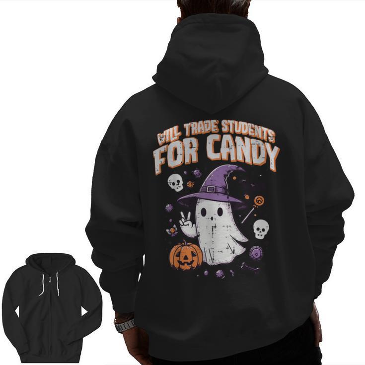 Halloween Teacher Trade Students For Candy Costume Women Men Zip Up Hoodie Back Print