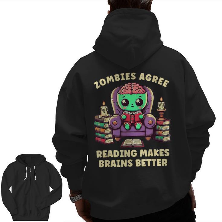 Halloween Teacher Zombie Reading Is Good For Brains Men Zip Up Hoodie Back Print
