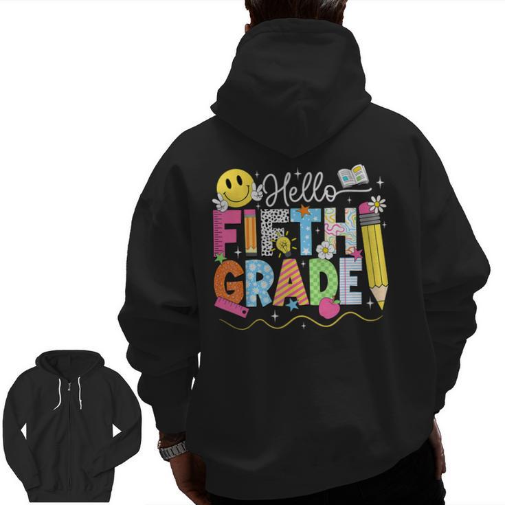 Hello Fifth Grade Team 5th Grade Back To School Teacher Kids Men Zip Up Hoodie Back Print