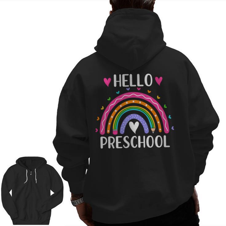 Hello Preschool Teacher Student Girls Rainbow Back To School Men Zip Up Hoodie Back Print