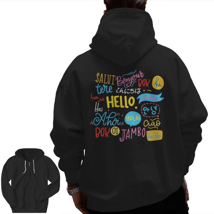 Hello Word In Different Languages Travel And Teacher Lover Men Zip Up Hoodie Back Print