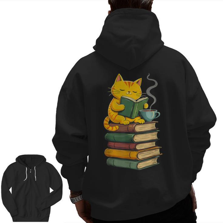 Kawaii Cats Lover Coffee Books Teacher Librarian Cat Men Zip Up Hoodie Back Print