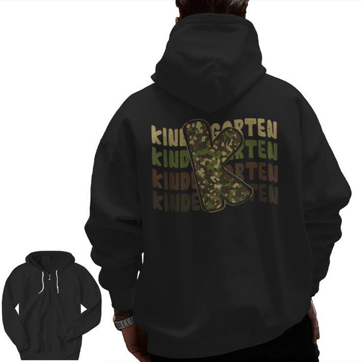 Kindergarten Camo Camouflage Boy Teacher Back To School Men Zip Up Hoodie Back Print